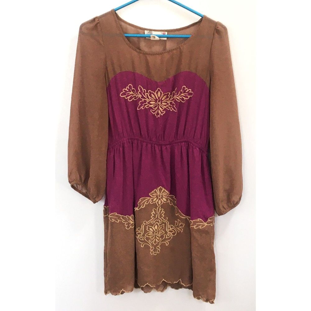 Flying Tomato Purple and Brown Embroidered Short Dress